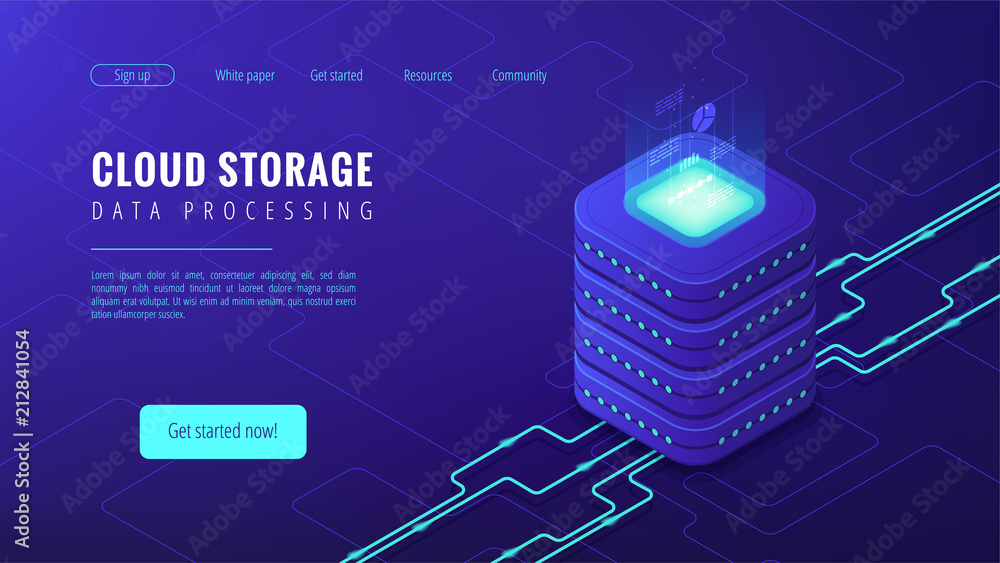 Isometric cloud storage data processing landing page concept