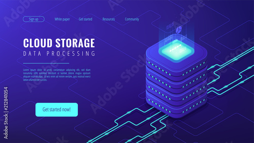 Isometric cloud storage data processing landing page concept. Collection and manipulation, recording, organisation, structuring of data items on blue background. Vector 3d isometric illustration.