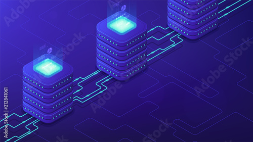 Isometric server-side processing concept. DNS, data tables, paging, searching, ordering, SQL engine, remote server, communications protocol on blue background. Vector 3d isometric illustration.