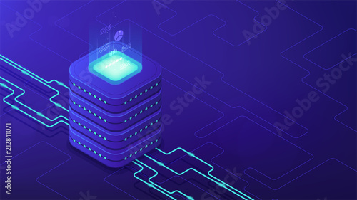 Isometric data center architecture concept. Dataflow, database engine design, parallel computing framework, equipment of data center facility on blue background. Vector 3d isometric illustration.