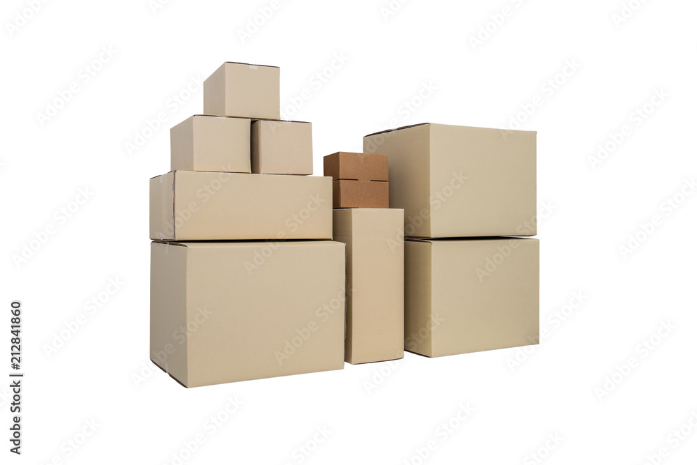 Cardboard Boxes in different sizes stacked boxes isolated on white backgrouns Cardboard Boxes in different sizes stacked boxes isolated on white backgrouns