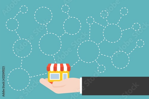 Business hand and store icon with branches and blank circle, template for franchise or store on e commerce concept in flat style