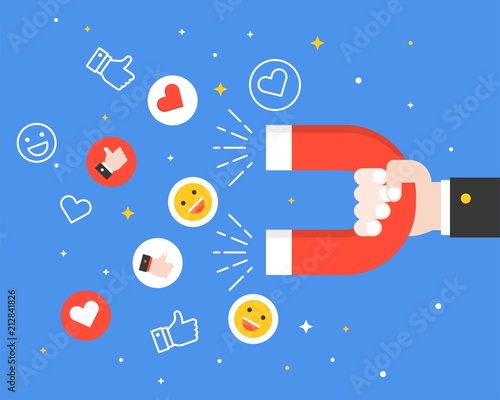 Business hand carrying magnet and smiley faces, like symbol and heart icon, reach engagement in social network, flat design business digital marketing concept