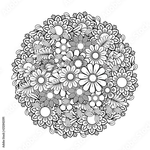 Adult coloring page with flowers pattern. Black and white doodle wreath. Floral mandala. Bouquet line art vector illustration isolated on white background. Round design element