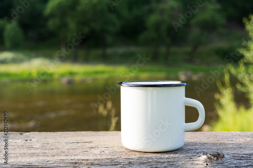 White campfire enamel mug mockup river view