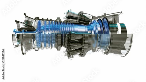 Industrial 3D Model of a Gas Turbine Rotating at medium speed which can be sped up easily in video editing software. photo