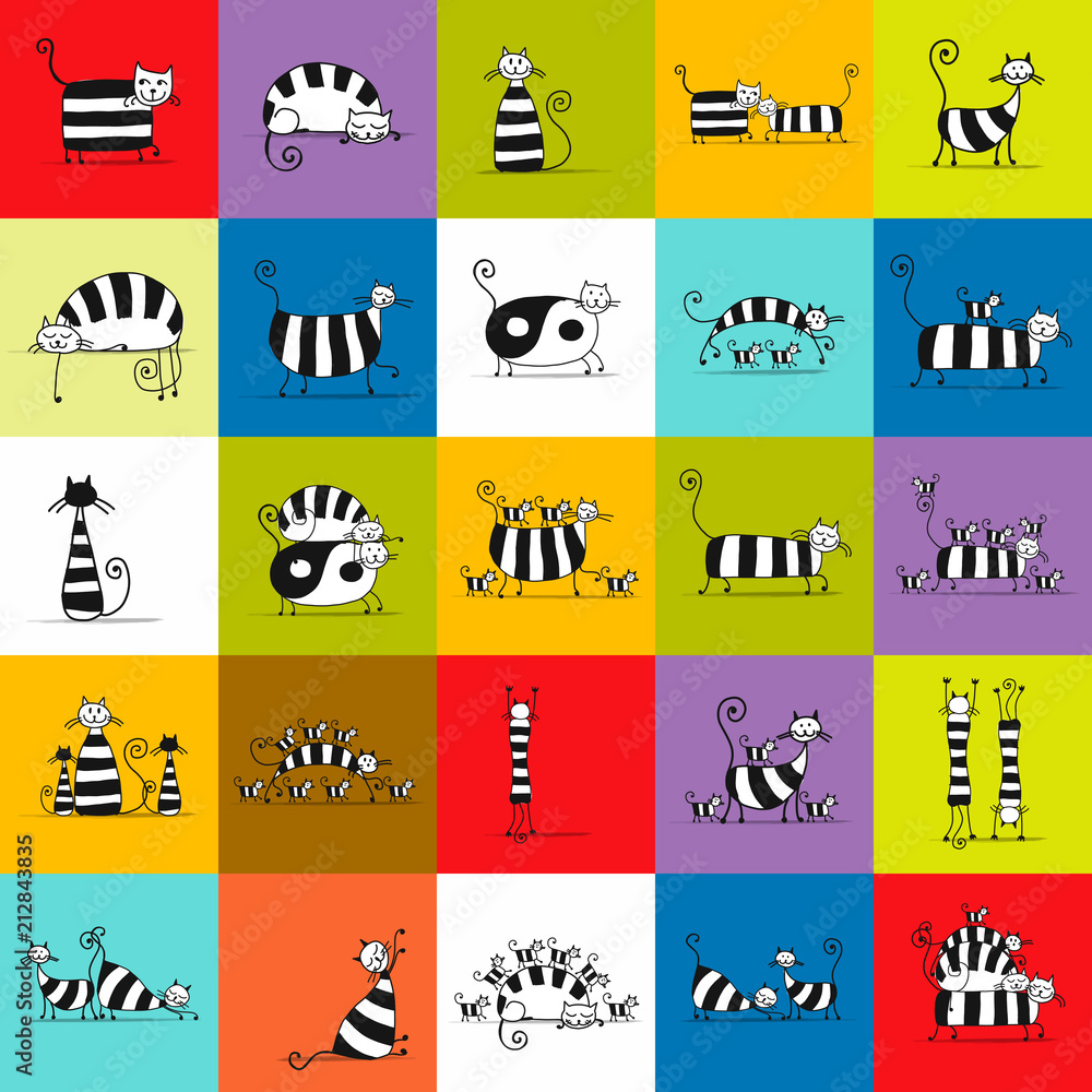 Fototapeta premium Cute striped cats family, seamless pattern for your design