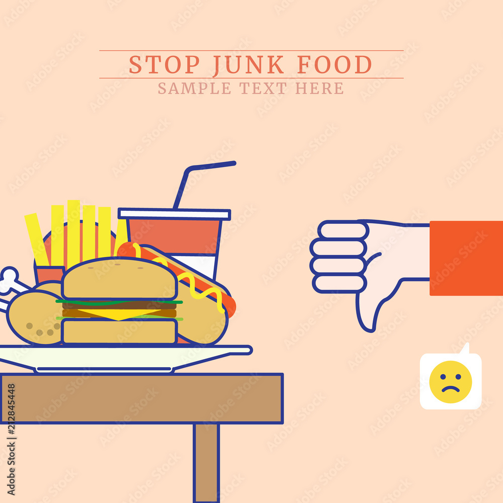 Stop eating fast food, unlike junk food concept, outline cartoon style  Stock Vector | Adobe Stock