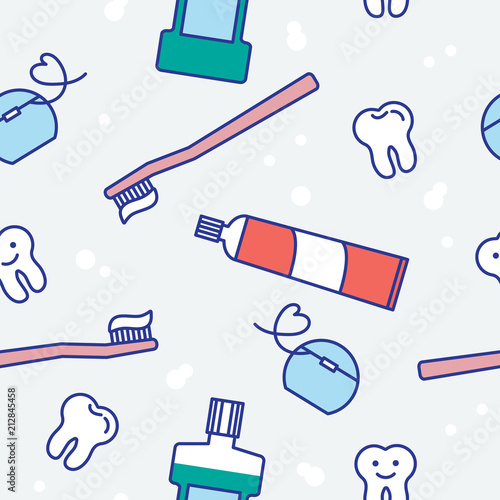 happy teeth and dental care equipmant seamless pattern, outline cartoon style photo