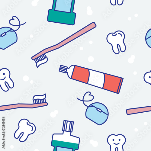 happy teeth and dental care equipmant seamless pattern, outline cartoon style