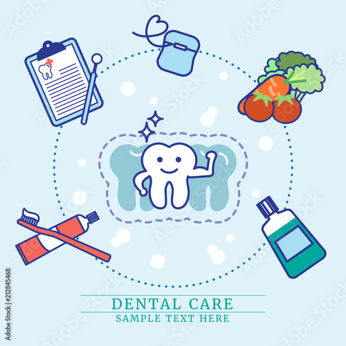 Dental care instruction concept, strong teeth and dentist equipment in outline cartoon style
