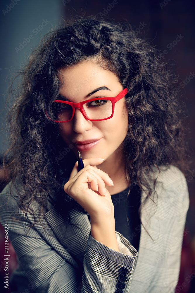 girl in red glasses