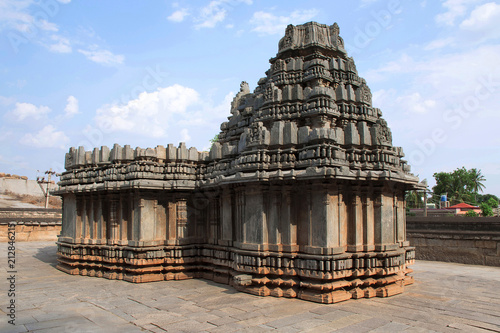 Kirtimukha relief on vesara shikhara, tower over shrine at Akkana Basadi in Shravanabelagola, Sravanabelgola, Karnataka.