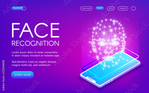 Face recognition technology vector illustration of digital scanner for personal identity authentication. Smartphone camera and face scan for private data encryption on purple ultraviolet background
