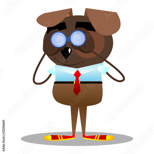 Cartoon illustrated business dog looking through binoculars.