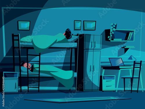 College dormitory vector illustration of classmates sleeping on bunk bed at night. University student hostel interior background with furniture, computer laptop on table, bookshelf and chair
