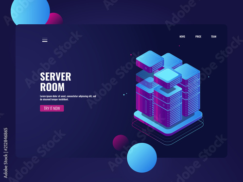 Hardware system, big data processing banner, datacenter and database icon, futuristic networking isometric technology server room vector