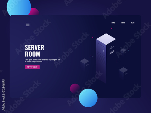 Computer technology, data warehouse, datacenter banner, telecommunication isometric technology vector server room illustration dark neon