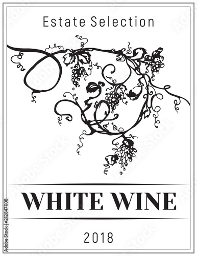 Vintage wine label.Vector vertical banners with hand drawn grapes. Black and white illustration