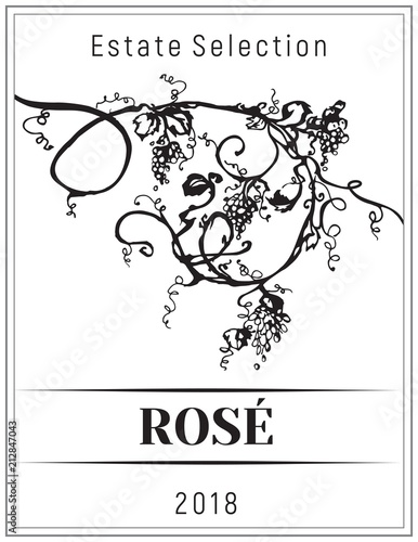 Vintage wine label.Vector vertical banners with hand drawn grapes. Black and white illustration
