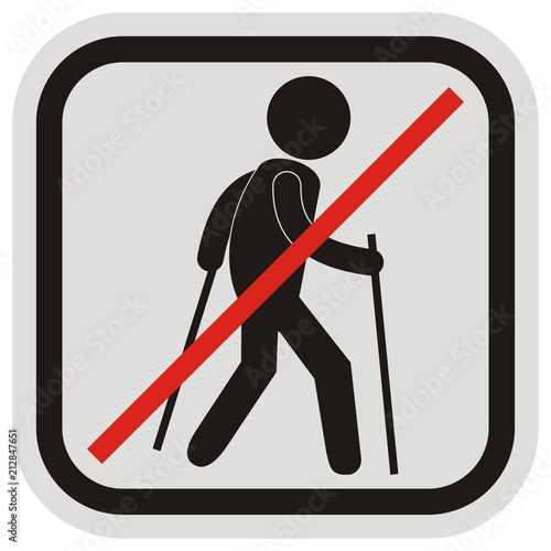 prohibition of walking with sticks, black vector icon, silhouette of person at gray and black frame, web icon