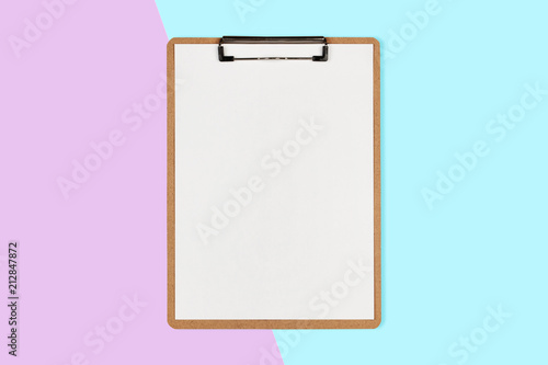 Clipboard with white sheet on pastel color background, Minimal concept