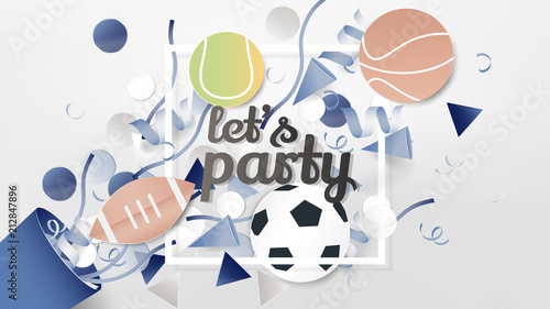 Exploding party confetti popper with white square frame, paper art/paper cutting style, sport elements, pastel blue tone