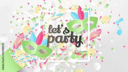 Exploding party confetti popper with white square frame, paper art/paper cutting style, Rio carnival theme, pastel green tone