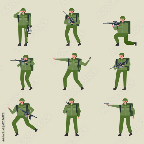 Soldier character icons in various poses. flat design style vector graphic illustration set