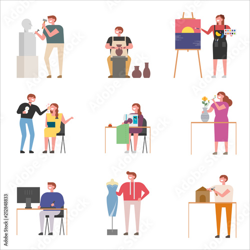 Artists in various arts fields. flat design style vector graphic illustration set