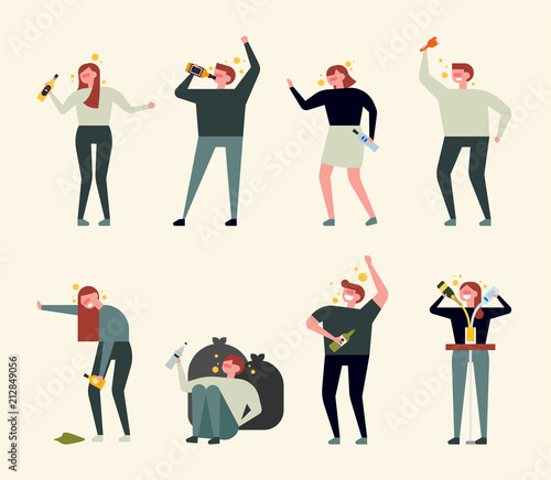 Various aspects of people drinking alcohol. flat design style vector graphic illustration set