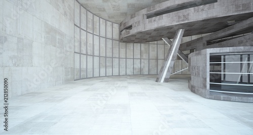 Abstract white and concrete interior with glossy white lines. 3D illustration and rendering.