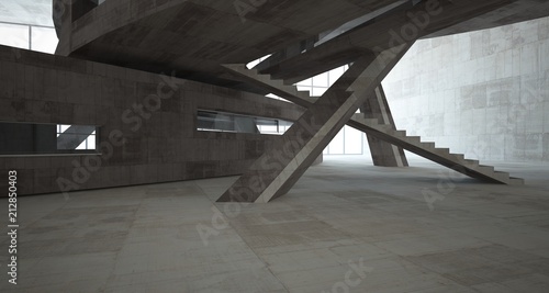 Abstract white and concrete interior with glossy white lines. 3D illustration and rendering.