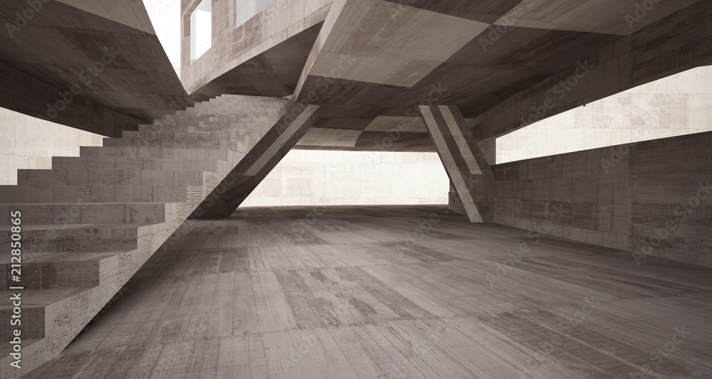Abstract white and concrete interior with glossy white lines. 3D illustration and rendering. Abstract white and concrete interior with glossy white lines. 3D illustration and rendering.