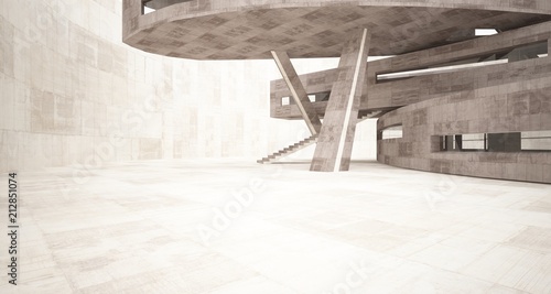 Abstract white and concrete interior with glossy white lines. 3D illustration and rendering.