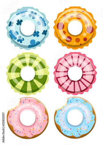 Colorful swim rings set. Inflatable rubber toy. Swimmer circle with different texture. Flat vector icons collection. Illustration isolated on white background