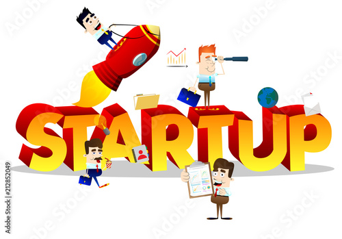 Cartoon little business people with word StartUp. Miniature scene of businessmen on white background.