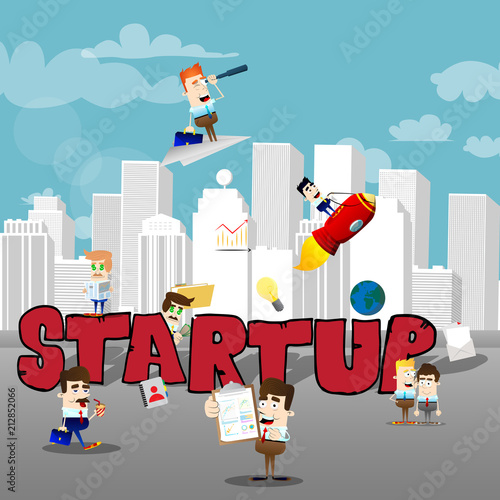 Cartoon little business people with word StartUp. Miniature scene of businessmen in the city.