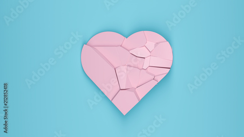 shattered pink heart on blue background pastel colors 3D render