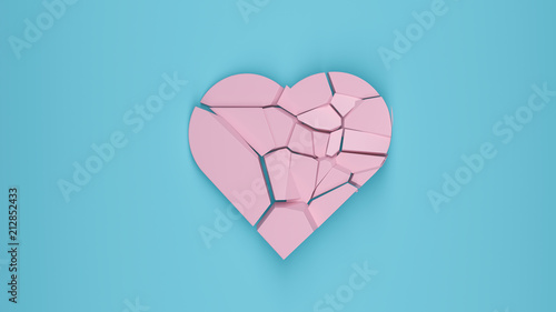 shattered pink heart on blue background pastel colors 3D render