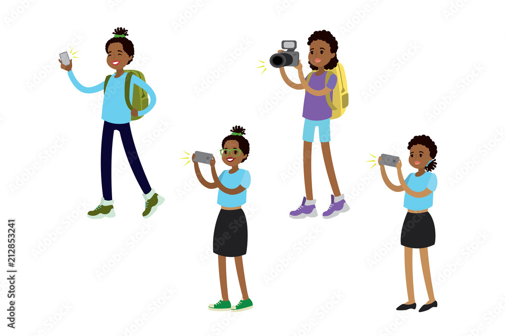 African american girls making photos and selfies on various gadgets