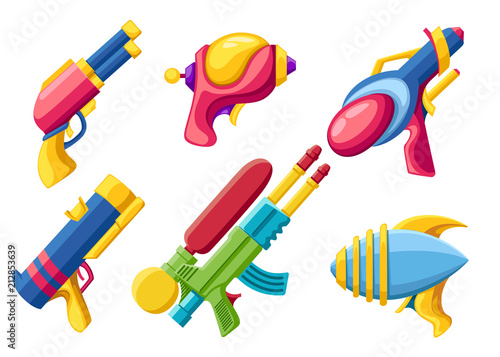 Cartoon gun collection. Flat vector colorful toys. Space laser guns design. Vector illustration isolated on white background
