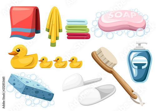 Bath and shower icon set. Pink soap bar, towels, ducks and towels. Colorful icons. Flat vector illustration isolated on white background