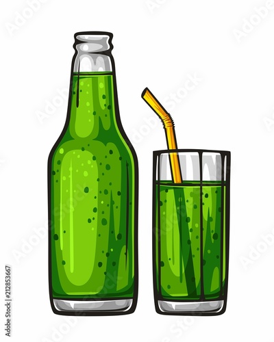 Vector colorful illustration glass of soda with straw and glass bottle filled with green beverage. Sparkling water, drink 1.1