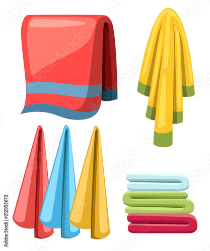 Flat towels set. Cartoon illustration collection. Cloth towels for bath and shower. Colorful fabric towels. Vector illustration isolated on white background