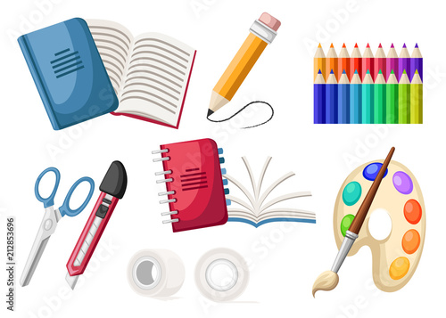 Set of stationery icons. Spiral and normal notebook, adhesive tape, palette, pencils, knife and scissors. Flat office icon. Flat vector illustration isolated on white background