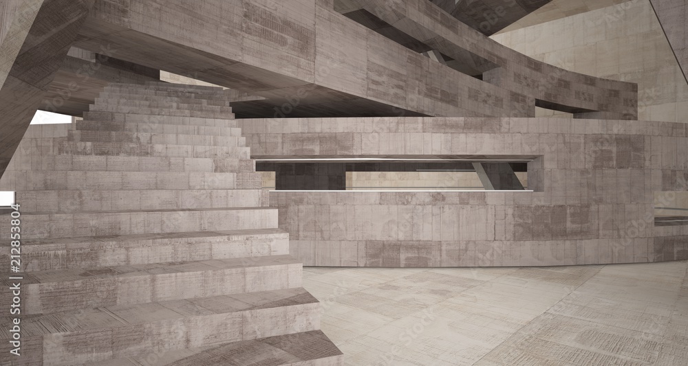 Abstract white and concrete interior with glossy white lines. 3D illustration and rendering. Abstract white and concrete interior with glossy white lines. 3D illustration and rendering.