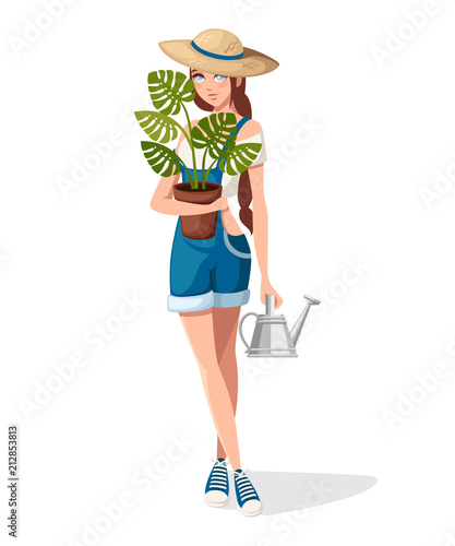 Beautiful women hold flower pot and watering can. Farmer girl with summer hat. Cartoon character design. Flat vector illustration on white background