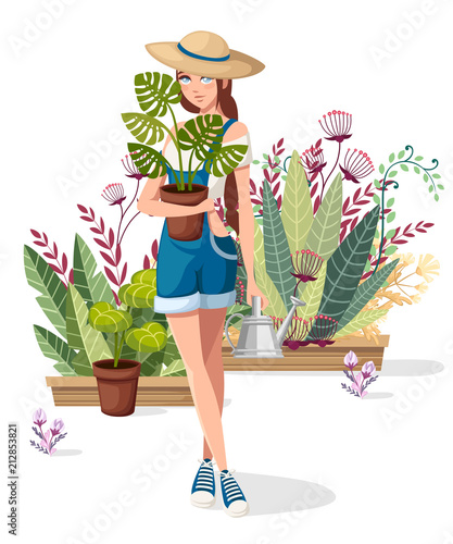 Beautiful women hold flower pot and watering can. Farmer girl with summer hat. Cartoon character design. Many flowers pot on background. Flat vector illustration on white