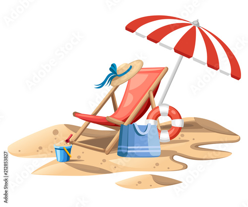 Bucket and spade. Red beach chair with umbrella. Wooden chair and plastic toy on sand. Summer icon. Flat vector illustration on white background. Travel concept design for website or advertising